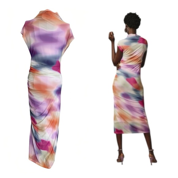 Anthropologie Maya Ruched Cowl-Neck Mesh Dress – Watercolor Print – Size S - Picture 2 of 9